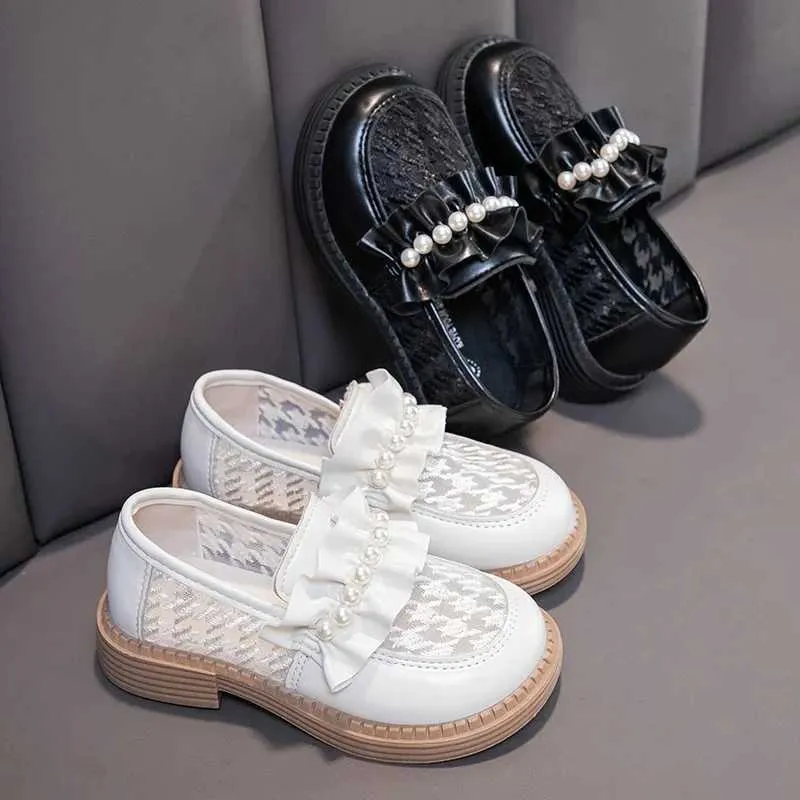 Sandals Girls Princess Shoes Mesh Pleated Pearls Fashion Kids Leather Shoes for For Party Wedding Children Loafers Slip-on Simple Cute