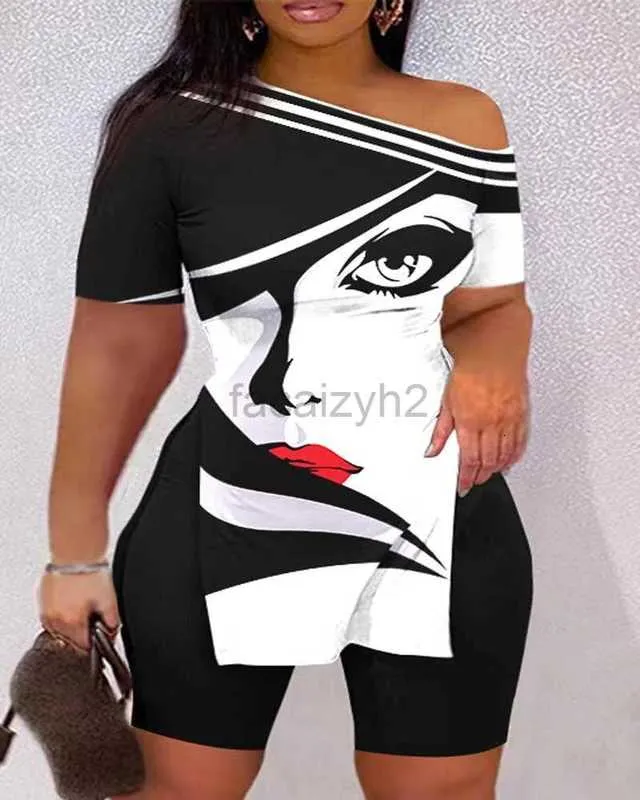 Dames tweedelige broek Zomer Nieuwe damesmode Casual Slant Neck Off Shoulder Print Set maat plus tweedelig sets