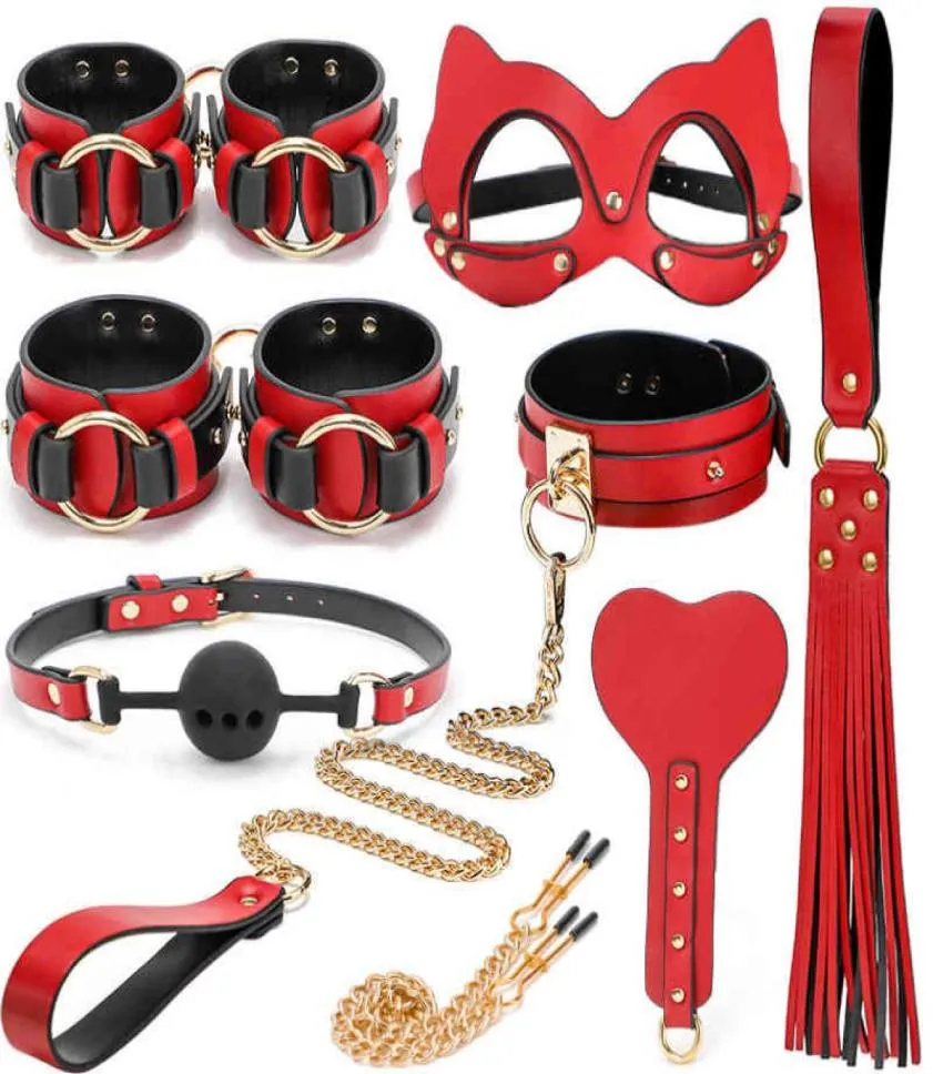 Schwarzer Wolf Red gehobene echte Leder -Zurückhaltung Cosplay Bondage Set SM Handschellenknebel Peitsche Nippelklemmen Erwachsene Spiele4989585