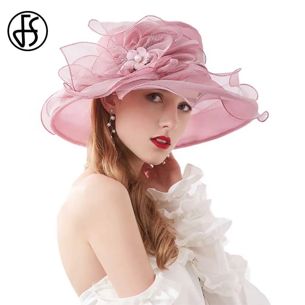 Brede rand hoeden emmer hoeden fs zomer organza fascinator hoed opvouwbare bruiloft kerkjurken kentucky hoeden voor vrouwen elegant roze pink fedora y240426