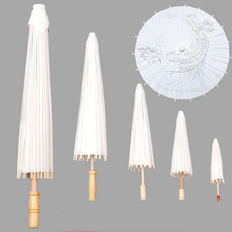 Casual 20 30 40 60cm Vintage Chinese Craft White Paper Paraply Summer Outdoor Decor Paper Handle Parasol Wedding Accessory Travel Party HO03 B4