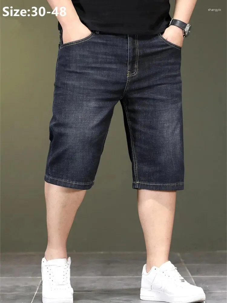 Jeans masculinos verão shorts finos de jeans esticaram solto de cintura alta plus size 40 44 46 48 meio cinza preto capri colheita colheita