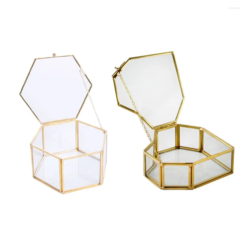 Schmucktaschen Sechseck Clear Glass Box Ehering Geometrischer Schmuck Organizer Showcase Container Uhren