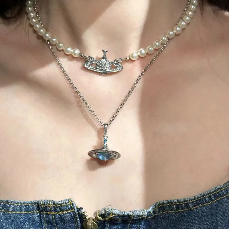 Spring/Summer New Petulla Water Blue Rotating Glass Beads Set with Diamonds Saturn Necklace Women's Light Luxury collarbone Chain Trend
