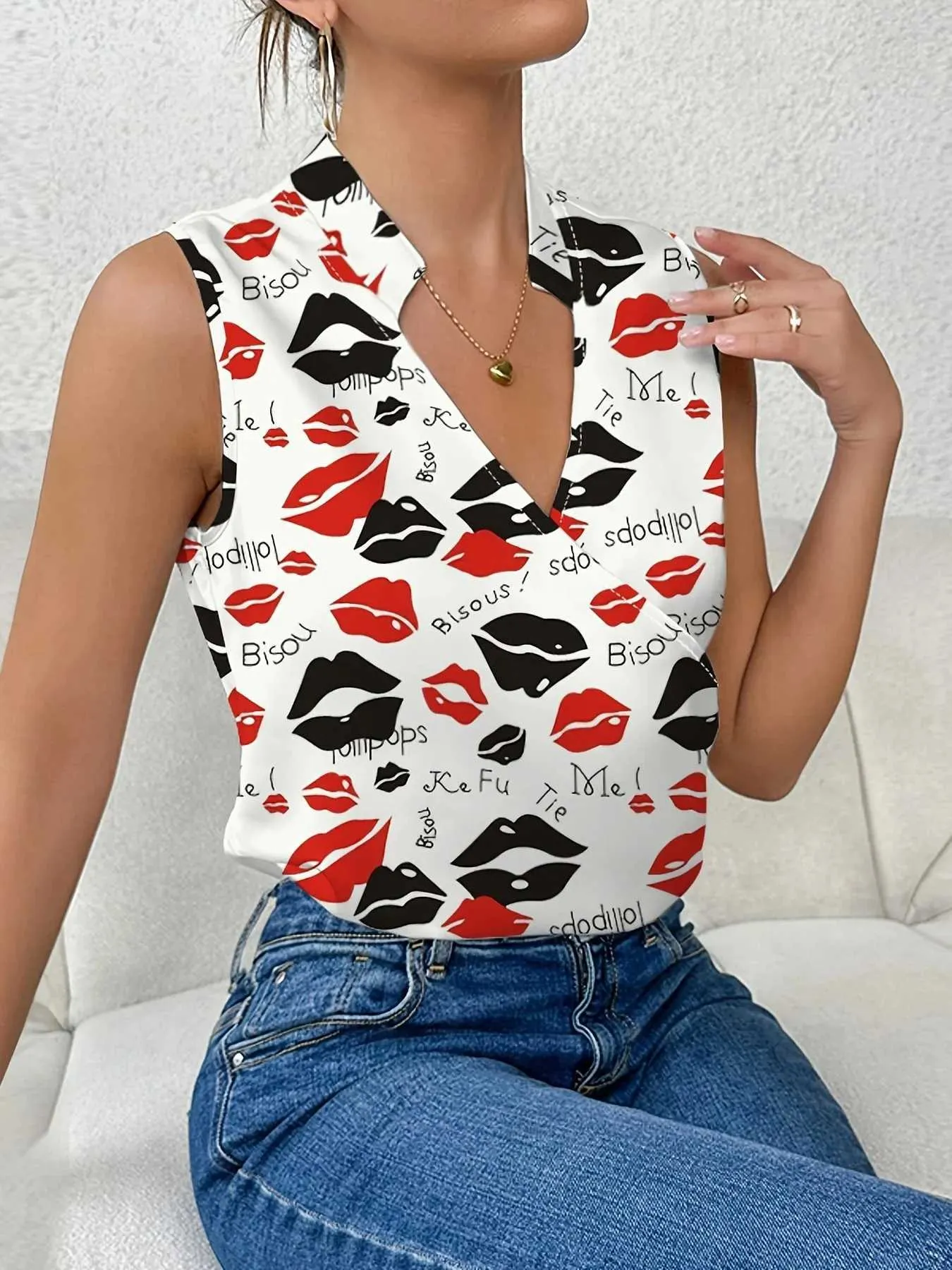 Blouses-shirts voor dames gedrukt gedrukt V-Neck Slveless Top Fashionable en Loose Summer Young Womens Clothing 2024 Nieuw model Y240426