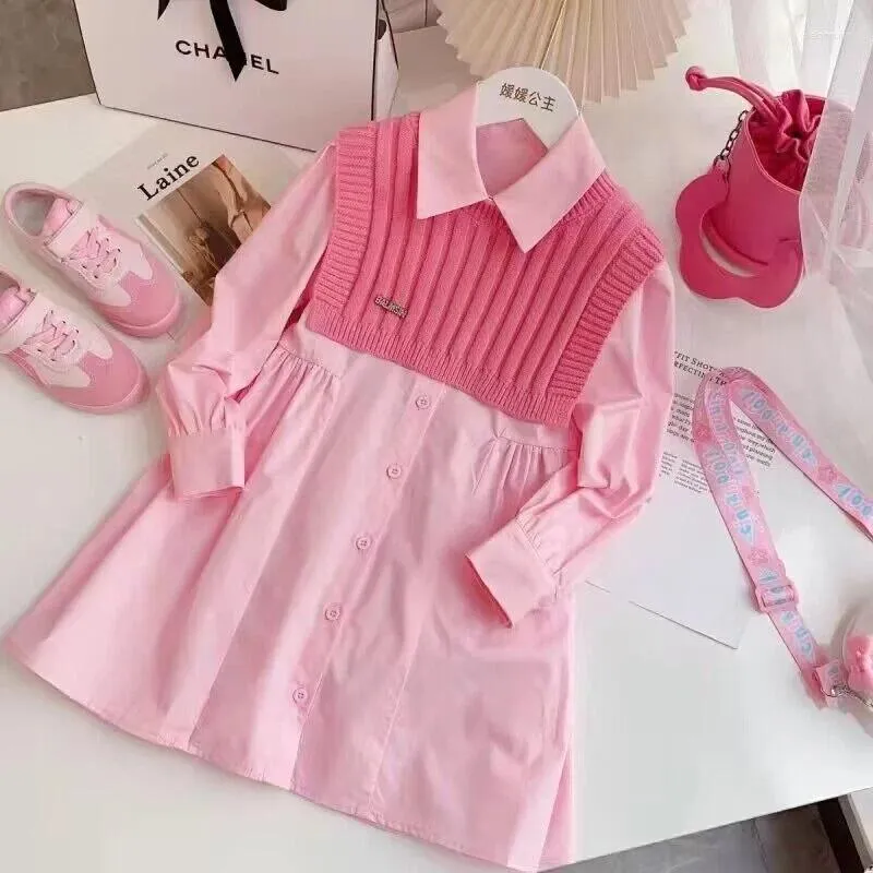 Giyim setleri perakende 2024 bebek kızlar Fall Moda Genç Setleri: Pembe Örgü Yelek Elbisesi Prenses Tatlı Takımları 5-12 T