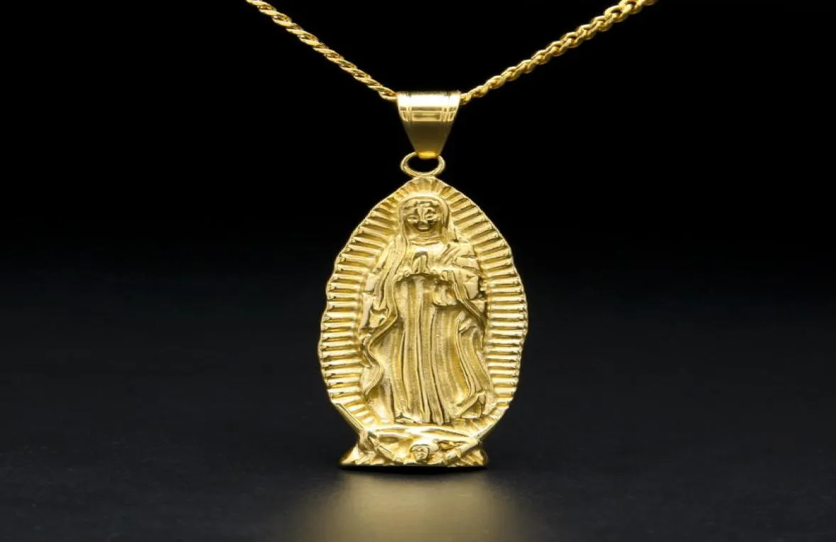 Bóg Święta Matka Dziewica Maryja Charm Wisiant Żółty Złoty Kolor z 24 -Quot Cuban Curb Chain Naszyjnik dla mężczyzn i kobiet 8293729