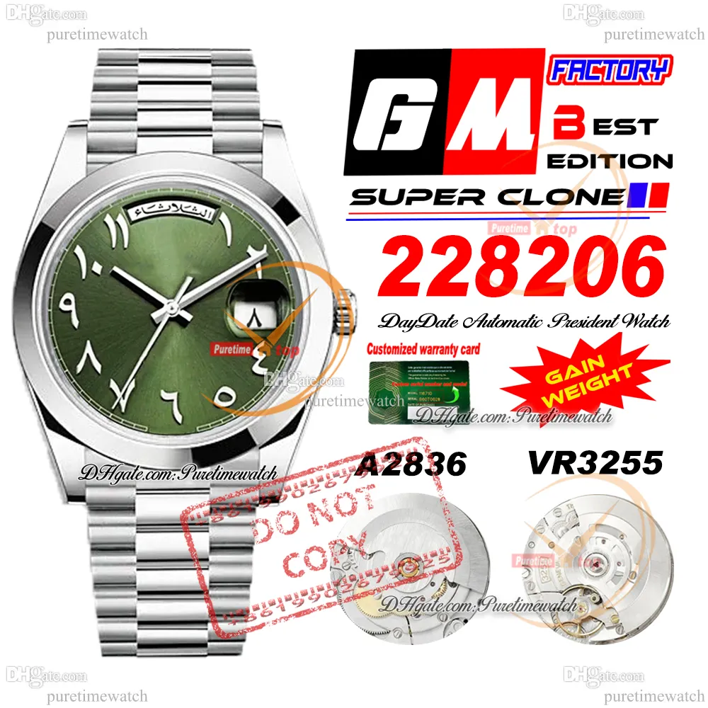 228206 Daydate A2836 VR3255 Automatic Mens Watch GMF V3 Green Arabic Dial 904L President Bracelet Super Edition Même carte de série Gain Weight Putetime PTRX