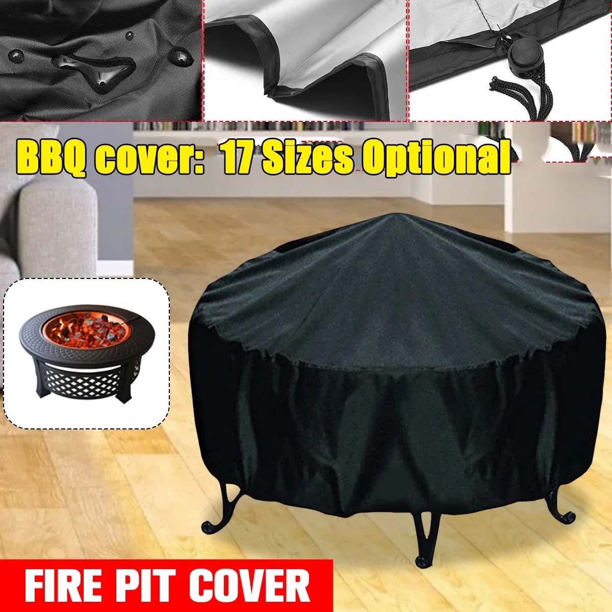 Dekorationen wasserdichte Terrasse Feuerstelle Abdeckung Schwarzer UV -Beschützer Grill Grill Grill BBQ Shelter Outdoor Garten Yard Rund BBQ Cover Baldachin Möbelabdeckungen