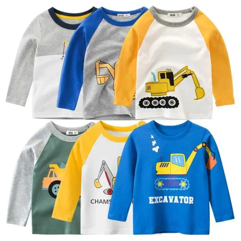 Футболки 2024 Boys Clothing Cartoon Excavator Boys Осень Новая мода с длинными рукавами, хлопковая детская одежда, футболка для детской одежды.