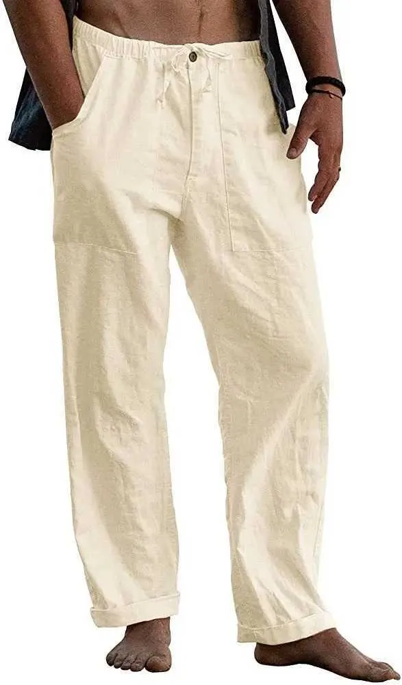 Pantalones para hombres hombres sueltos de lino de algodón de algodón pantalones de bolsillo con cordero Q2404291
