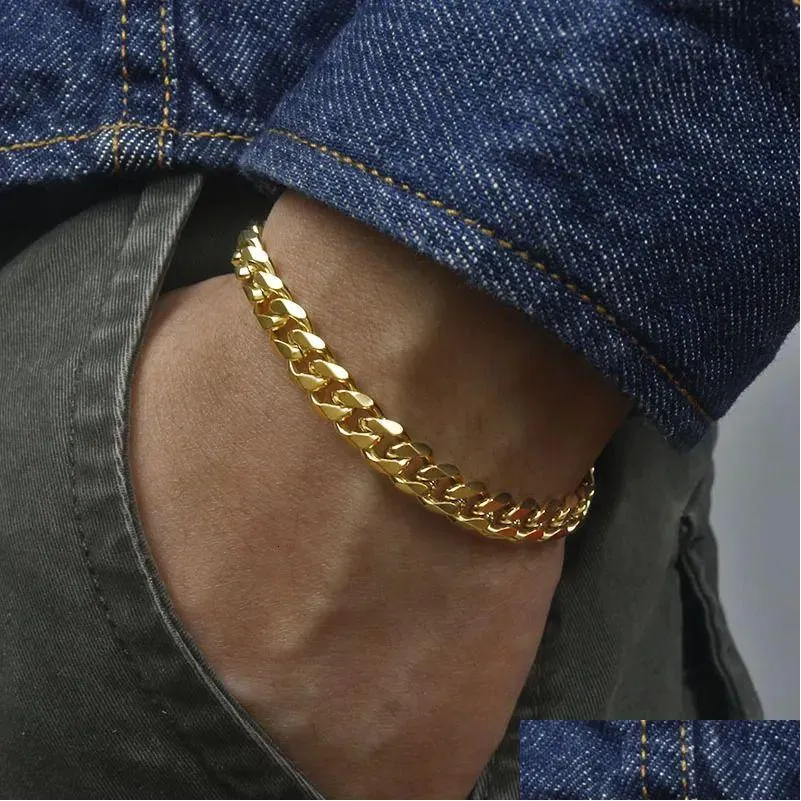 Kette Hüfte Edelstahl Bordsteinkubanische Armband Männer Einfache Goldfarbe Herren Uni Handgelenk Schmuckgeschenk Geschenk 231016 Drop Lieferung Armbänder OTC2i