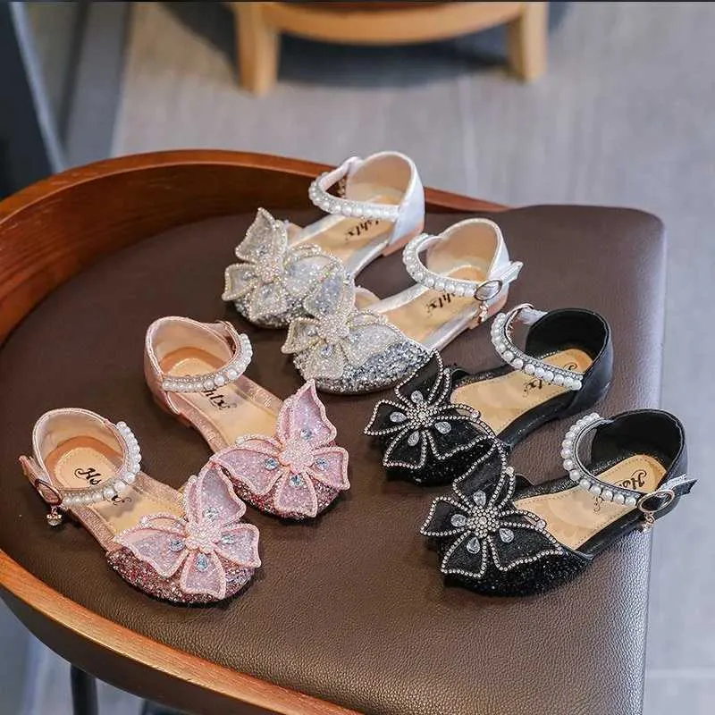 Sandaler sommar barn flickor sandaler mode paljetter strass båge flickor prinsessor skor barnflickor platta häl sandaler