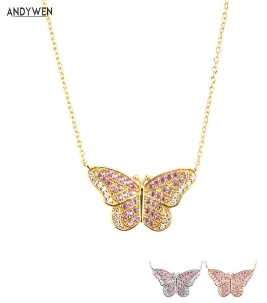 Andywen 925 Sterling Silver Gold Butterfly Luksusowy różowy przezroczysty naszyjnik z długim łańcuchem 2021 Fine Jewelry Crystal CZ Spring Jewelry Q05319647788