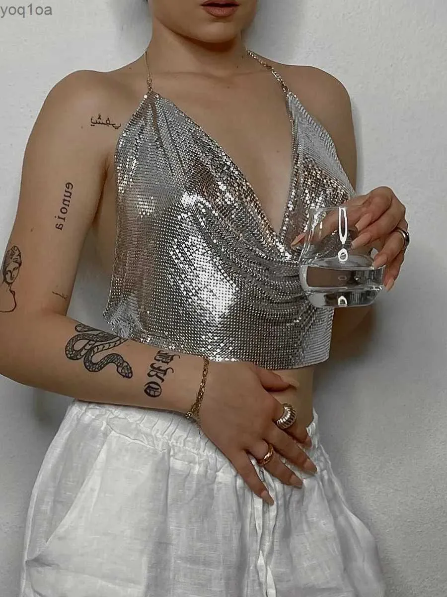 女性のタンクキャミスセクシーなウォーターダイヤモンドバックレスパーティートップトップメススパークリングタートルネックTシャツ調整可能メタルチェーンサマーナイトカットダイヤモンドはTopl240429