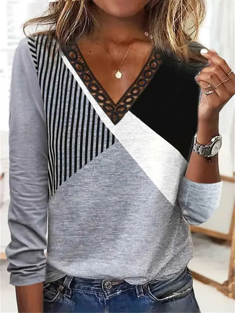 Women's Blouses Shirts Fashion V-neck Long Slve Lace T Shirt Women 2024 Autumn Casual Print Top Femme Stripe T-shirt For Women Ts Tops Shirt Y240426