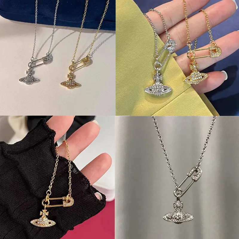 Modeontwerp Vivianr Saturnus Orbit Pendant Kettingen Volledige diamant link ketting ketting voor vrouwen glanzende pin gestapelde sleutelbeen ketens Verjaardag en bruiloftgeschenken