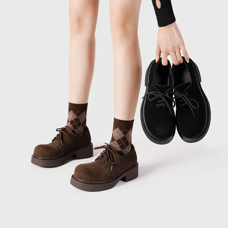 Dress Shoes College Style Leather For Women 2024 Lace-Up Round Toe Oxford Retro Cow Suede Dick-Soled