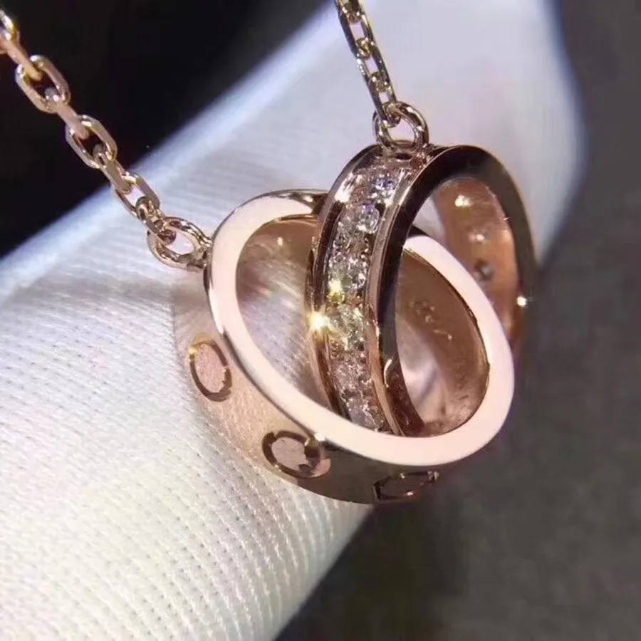 Luxus Fi Halskette Designer Juwelierfeier Sterling Sier Doppelringe Diamd Anhänger Roségold Halsketten für Frauen Fancy Dr. LG Kette Juwel R6DM#