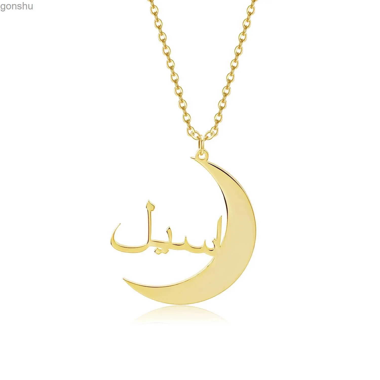 Pendant Necklaces Personalized Customized Moon Arabic Name Necklace Charming Name Jewelry Womens Gold Stainless Steel Chain Islamic Mom Birthday GiftWX