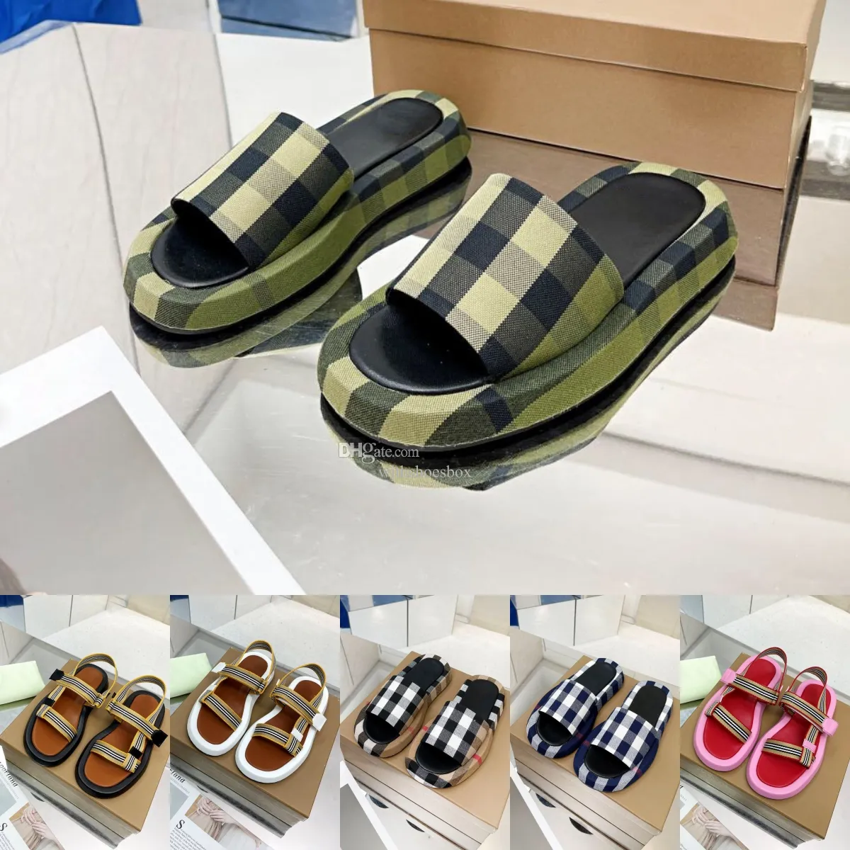 Designer Vintage Check Slides Pantoufle Sandales Print Furleys Archive Pish Pool Slipper Femmes Beige Summer plage extérieure Moule Cool Mule Taille 35-42 avec boîte