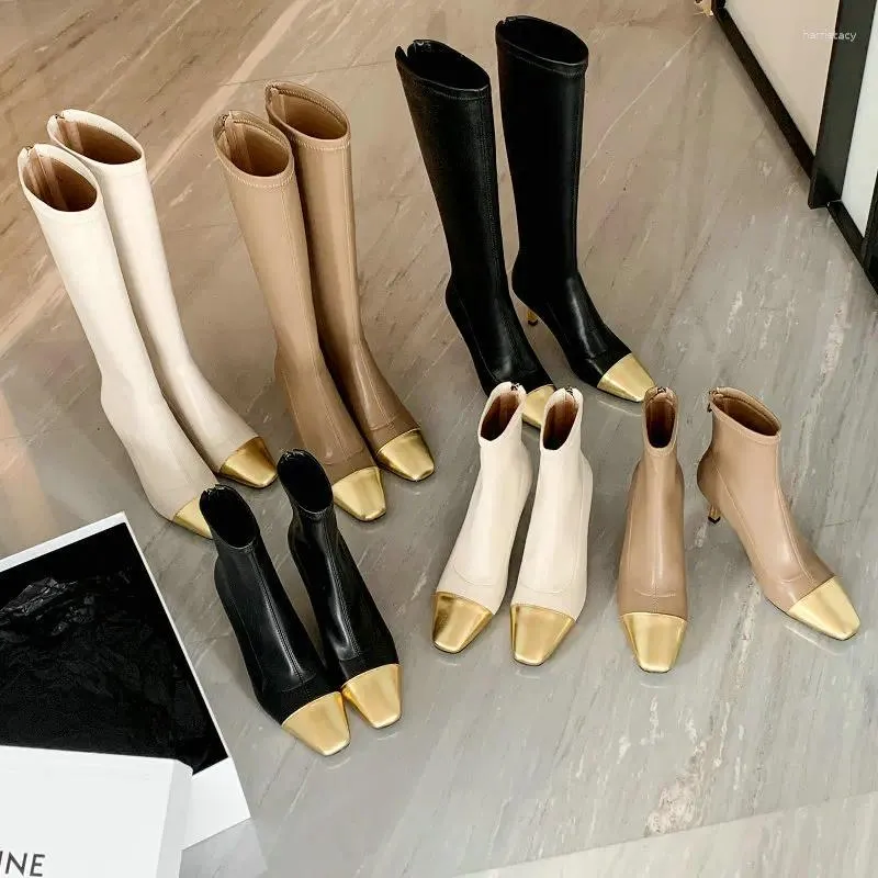 Bottes Ins authentique vache divisée en cuir nude or couleur mélangée femme sexy sexy chaussures à talons hauts kilyhigh talons extensibles