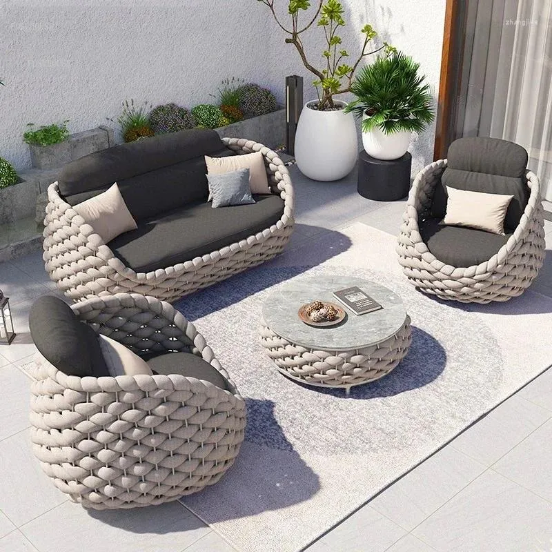 Camp Furniture Nordic Rattan Outdoor Beach Chairs Light Luxury Leisure Courtyard Villa Backrest Sofa Designer Coffee Table