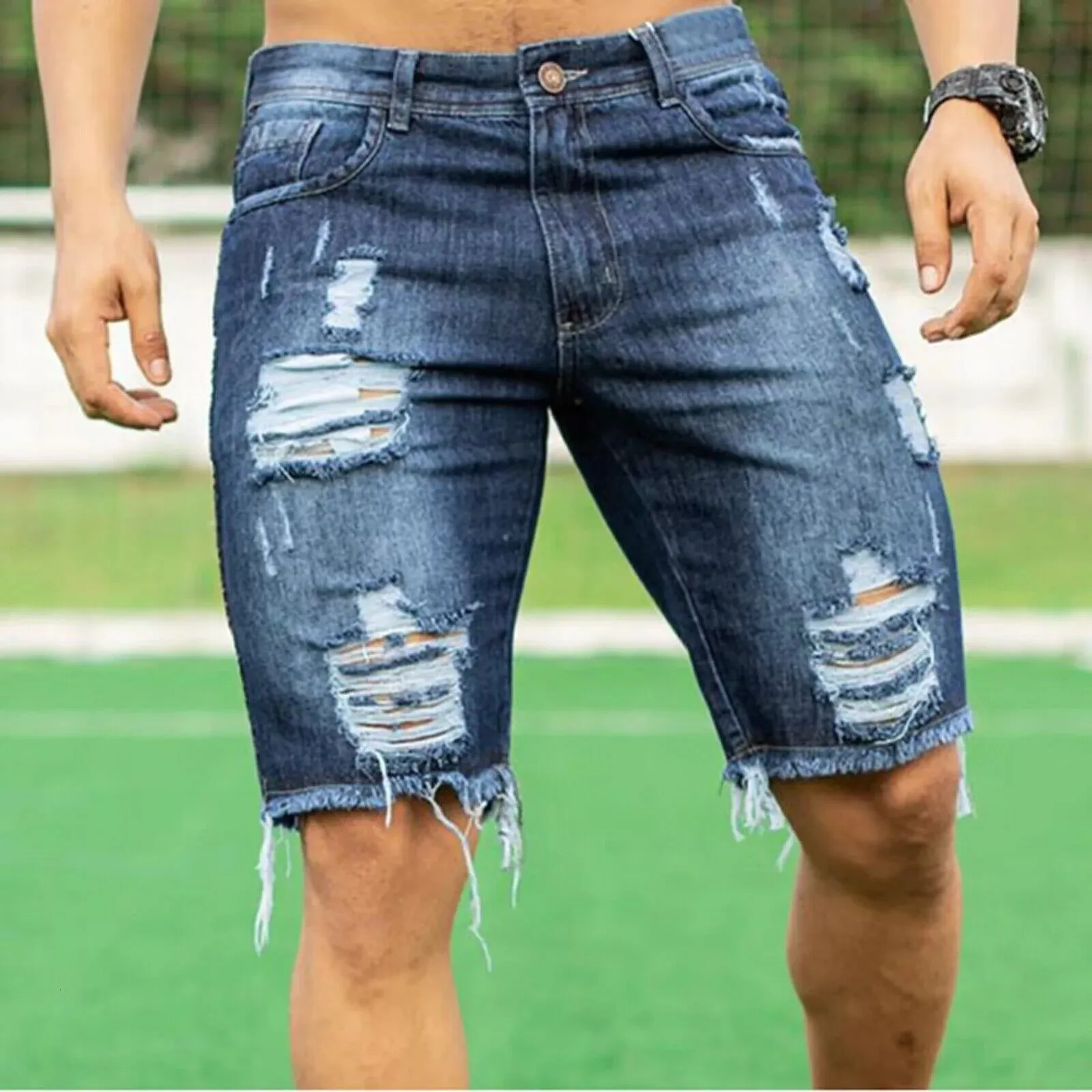 Summer Mens Slim Montering Fashionable Jeans Shorts Fashion Wash Elastic Capris Men Clothing Denim Pants 240428
