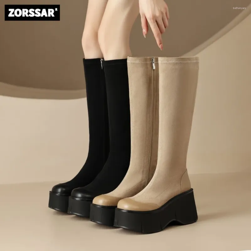 Boots Cow Leather Wedges Knee High Women Stretch 2024 Fashion Female Thigh Knight Heel Platform Shoes