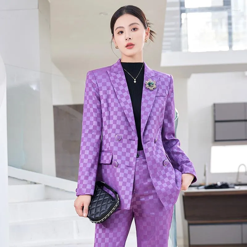 Dames tweedelige broek Business Formeel Kantoor Lady Plaid Blazer Suit Women Autumn Plus Size Jacket Pant Sets 2 Outfit broek