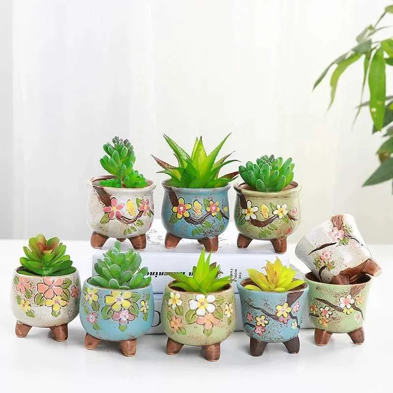 Pflanzer Töpfe 9 handbemalte mehrfarbige Blumentöpfe Mini Keramik Haushalt Desktop Balkon Innenhof Pflanze Garten Q240429