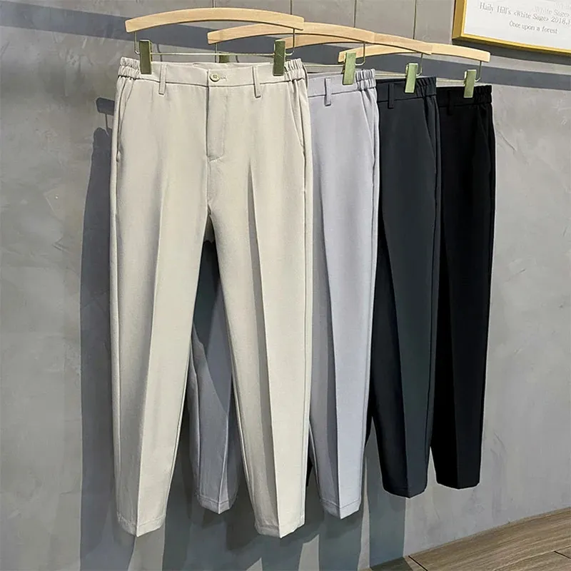 Autumn Mens Tapered Suit Pants Slim Fit Solid Color No-Iron Drape Business Office Casual Pants Black Gray Plus Size 38 40 42 240425