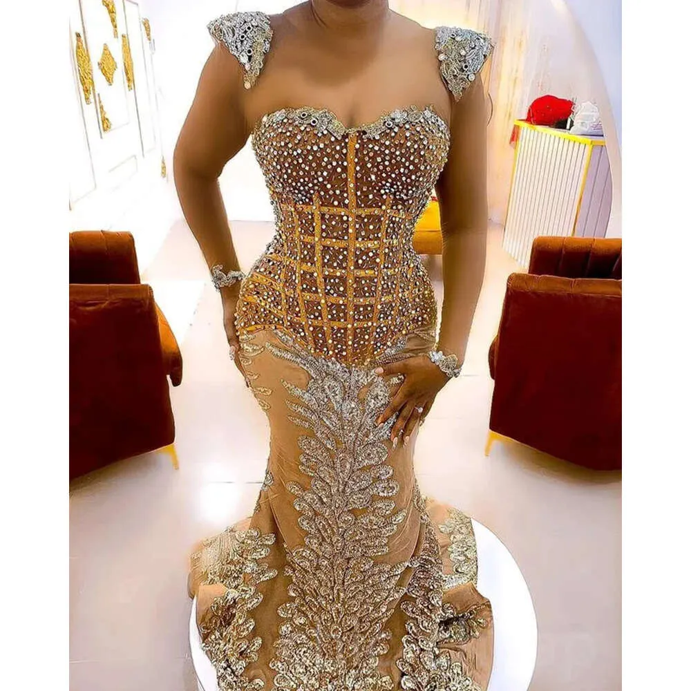 EBI Mermaid Gold Aso May Prom Dress Lace kristallen avond Formele feest tweede receptie verjaardag verloving jurken jurken jurken robe de soiree zj340 es