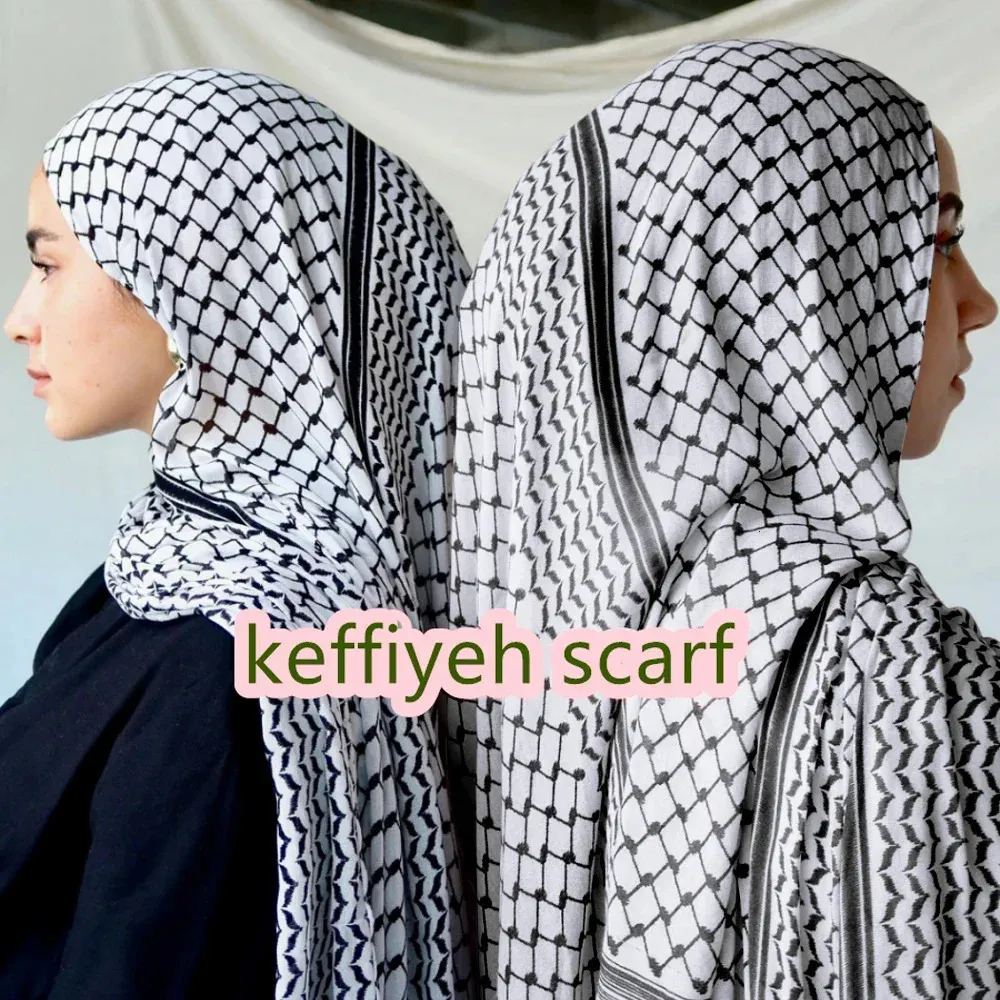 Impression de shopping en ligne KEFFIYEH Écharpe longue en mousseline en mousseline imprimée Palestine Keffiyeh Scharf Hijab Muslim Womens Châle 185 * 70cm 240419