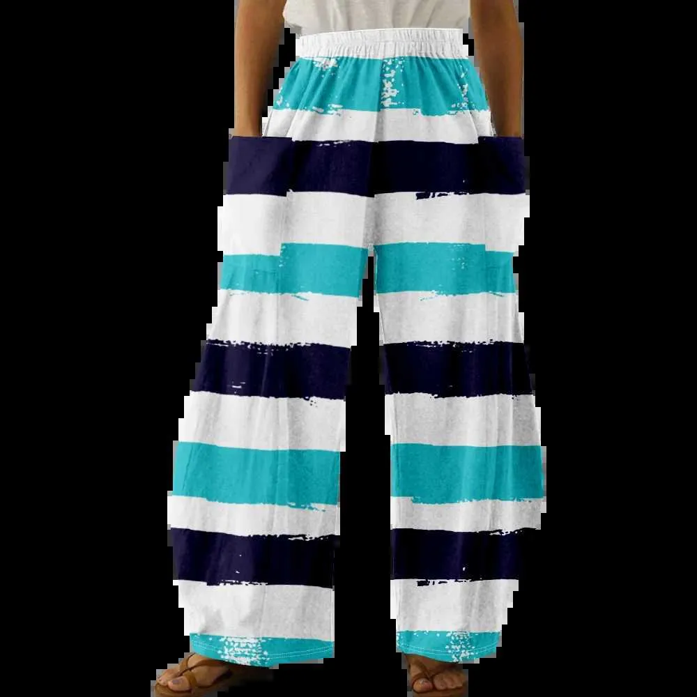 여자 바지 Capris Spring Stripe Print 바지 여름 캐주얼 바지 여성 패션 유행 Y2K 오버 크기 넓은 다리 바지 우아한 숙녀 All-Match Y240429