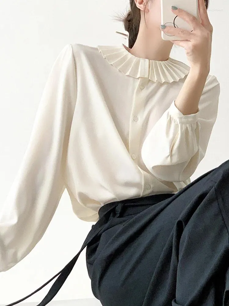 Damskie bluzki kobiety beżowe plisowane eleganckie duże rozmiar bluzki Lapel Long Rleeve Lose Fit Shirt Fashion Spring Autumn 2024 C347