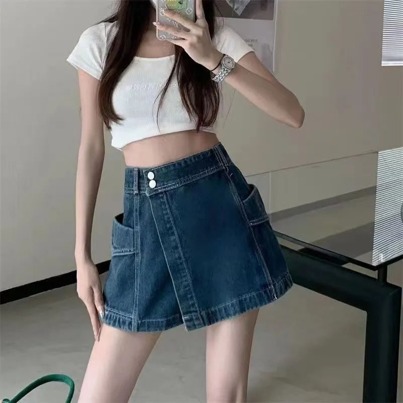 Denim shorts, new skinny, belly covering, sweet and spicy style, three-point half-culottes, irregular short skirts, small people