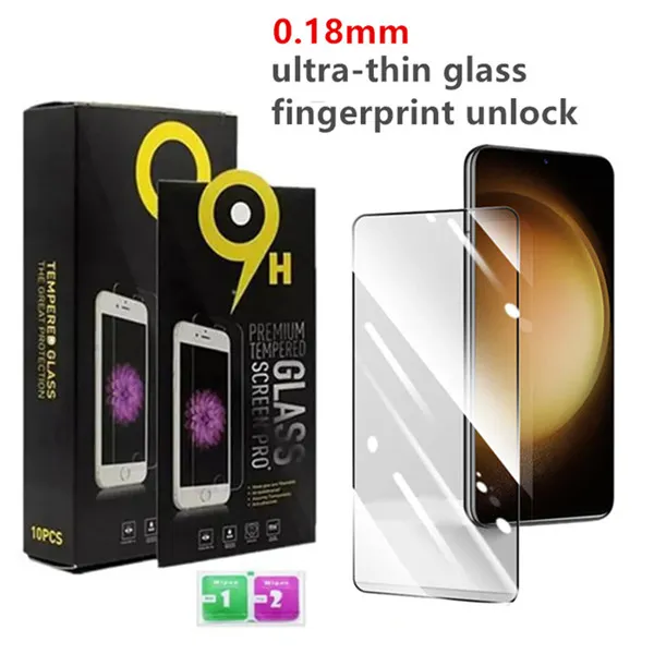 S24 Ultra-Fingerabdruck entsperren Sie 0,18 mm Löschen 2,5D Ultra-dünner Temperatur-Glas-Bildschirmschutzschutz für Samsung Galaxy S24 S23 S22 S21 Plus Ultra With Box Package