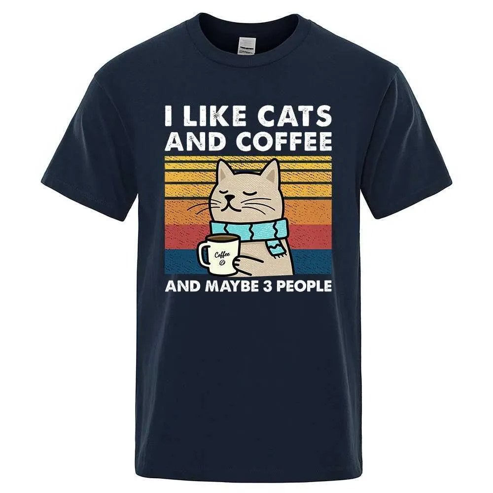 Herren-T-Shirts Ich mag Katzen und Coff Strt lustiges T-Shirt für Männer Mode lässig losen Baumwollbekleidungsbesatz Crewneck atmungsaktives T-Shirt Hip Hop TS Y240429