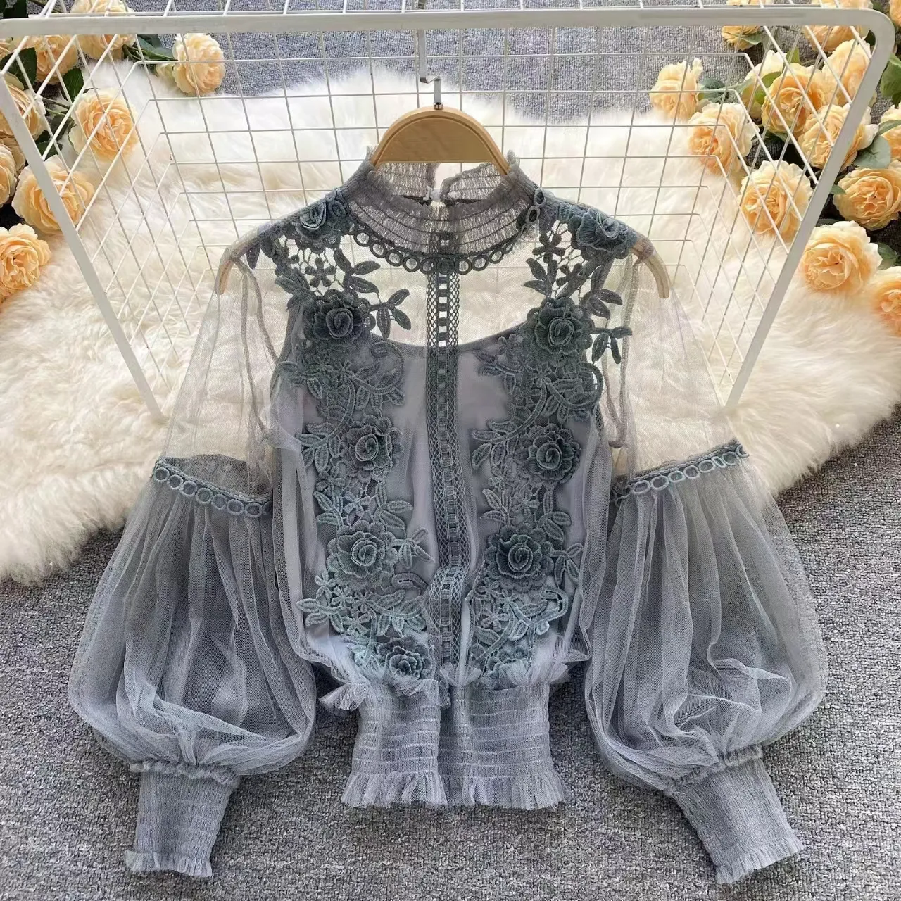 Women's Blouses & Shirts Women Spring Autumn Long Sleeve Top Perspective Decal Vintage Dress White/blue/black/purple Lantern Lace Court Styl