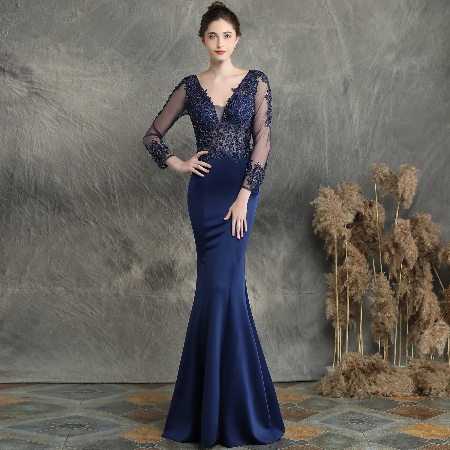 fitted lace wedding dress Anisa Long Sleeve Rhinestone Mermaid Maxi Dress – Mara Blak main image 0