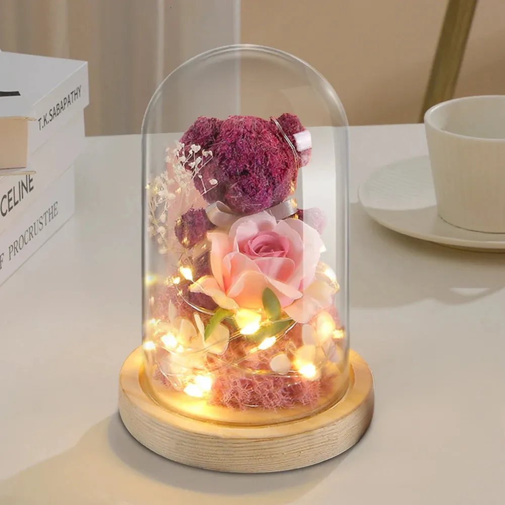 Rose encantador oso de peluche en vidrio con estado de ánimo lindo oso eternal en vidrio para siempre flores regalos novia de San Valentín 240418