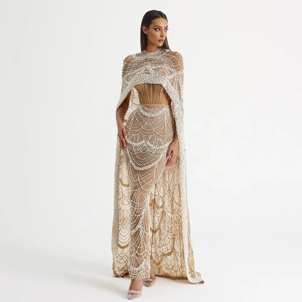 Sharon sagte luxuriöse Perlen Dubai Champagner Abendkleider mit Cape 2024 Arabische Frauen Meerjungfrau Hochzeitsfeier Prom Kleider SS369 240425