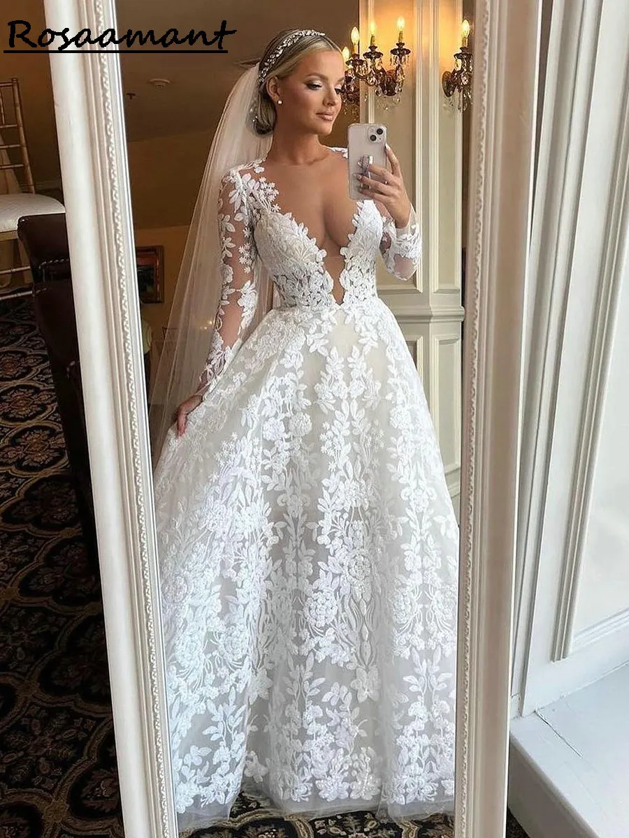 Country Deep V-Neck Long Sleeve A-Line Wedding Dresses Illusion 3d Floral Lace Bridal Gowns Robe de Mariee