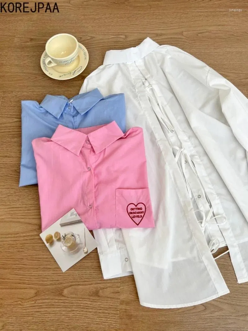 Blusas para mujeres Korejpaa Camisa de mujeres elegantes 2024 Camisas de bordado de bordado de primavera Extremada hacia atrás hueco