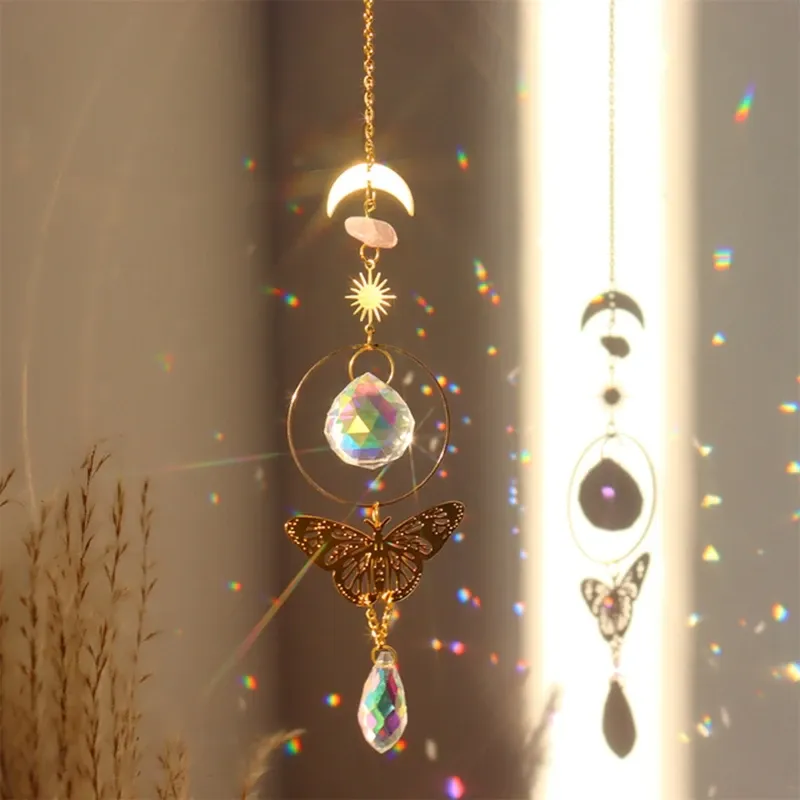 Decoraties Kristallen Wind Chime Suncatcher Golden vlinder hanger Regenboog Prism gebrandschilderd glas ornament Chakra's Crafts Home Garden Decor