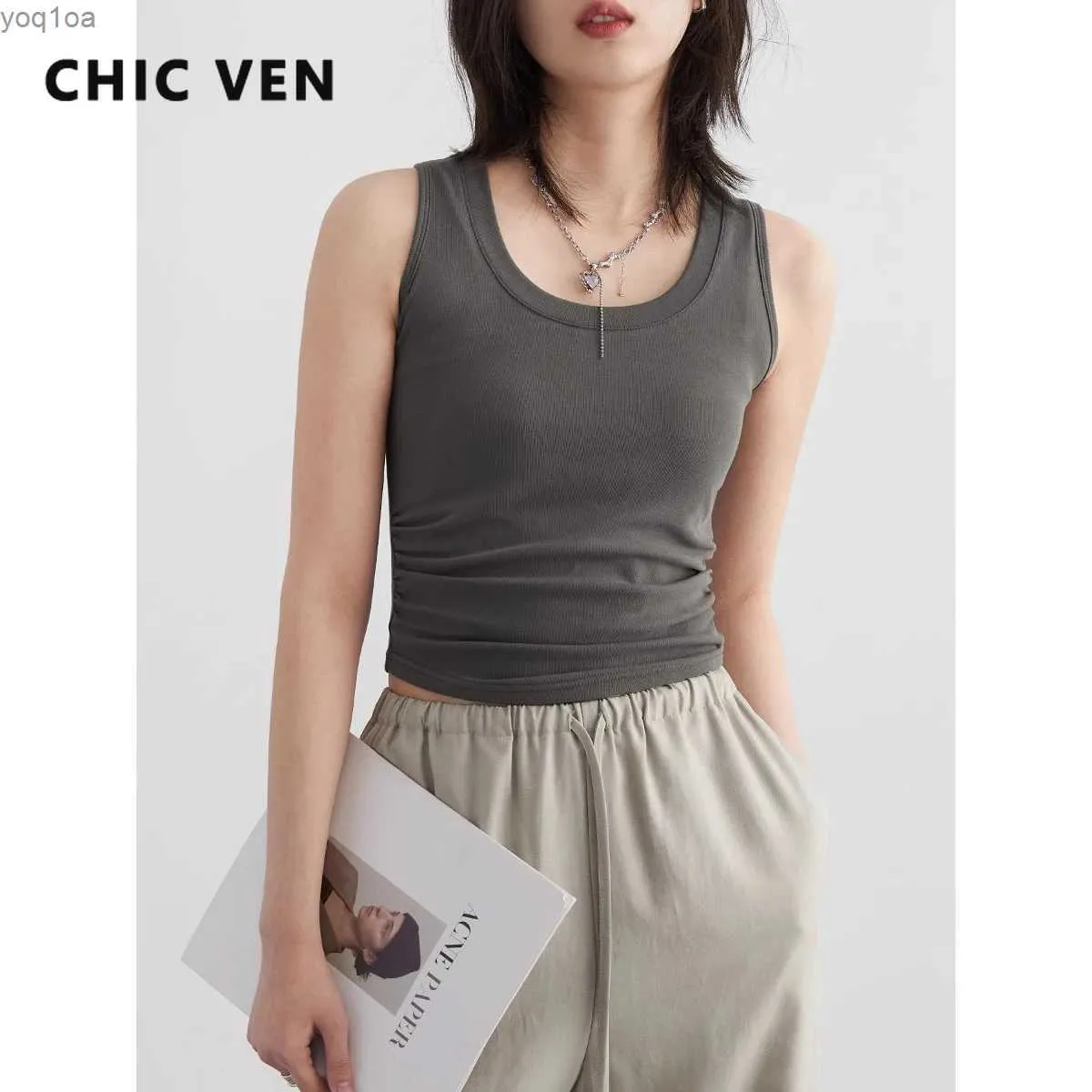 Women's Tanks Camis CHIC VEN Womens Tank New Solid Color Three way U-neck Pleated Tank Top Suspension Sleeveless Ultra Thin Womens Top Spring/Summer 2024L240429