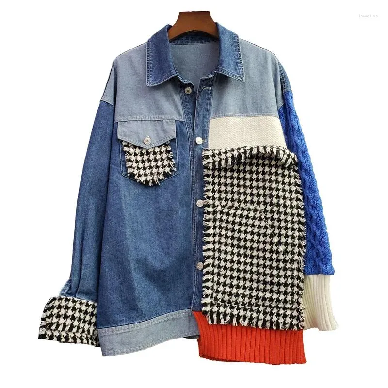 Vestes pour femmes Superaen Plaid Pildage Coux en tassements en tricot à manches longues Couleur Denim Femmes Spring and Automne 2024 Mateau décontracté