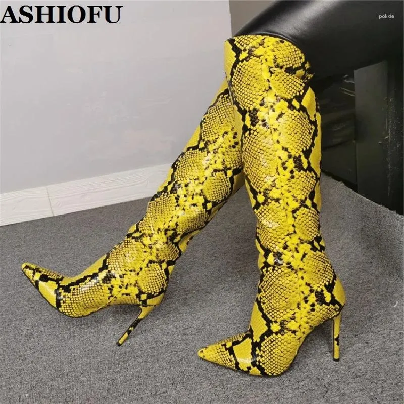 Boots Ashiofu Arrivée Femmes High Heel Snake-Imprime Knee Sexy Sexy Classic Evening Club Party Winter Fashion