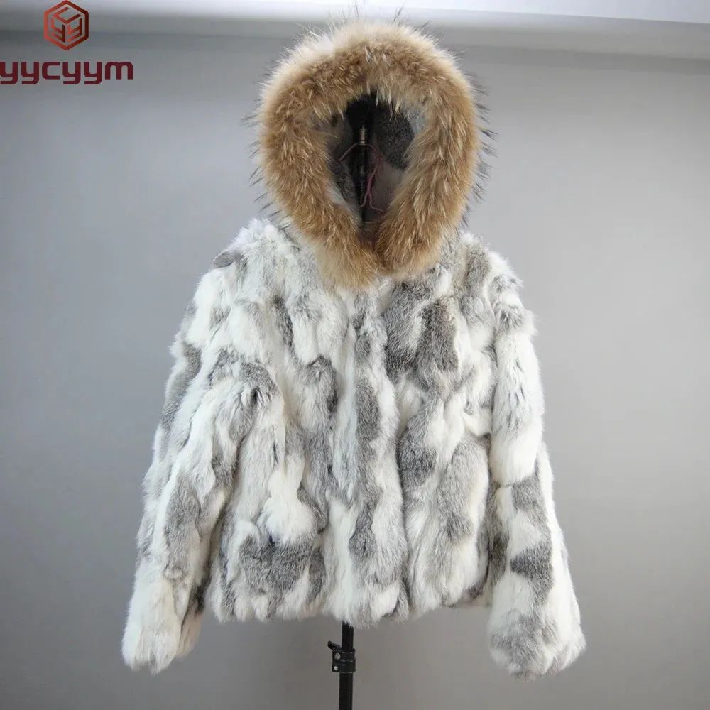 Premium Rabbit Fur Hooded Coat with Raccoon Collar - Warm Winter ...